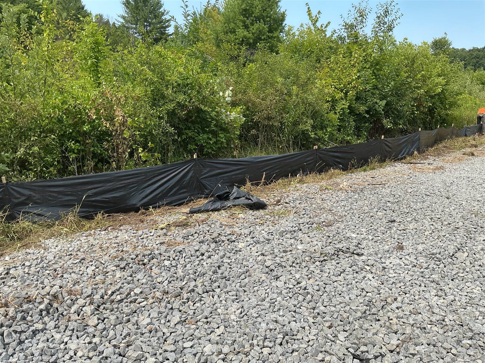 Silt fence running alongside a new gravel access road